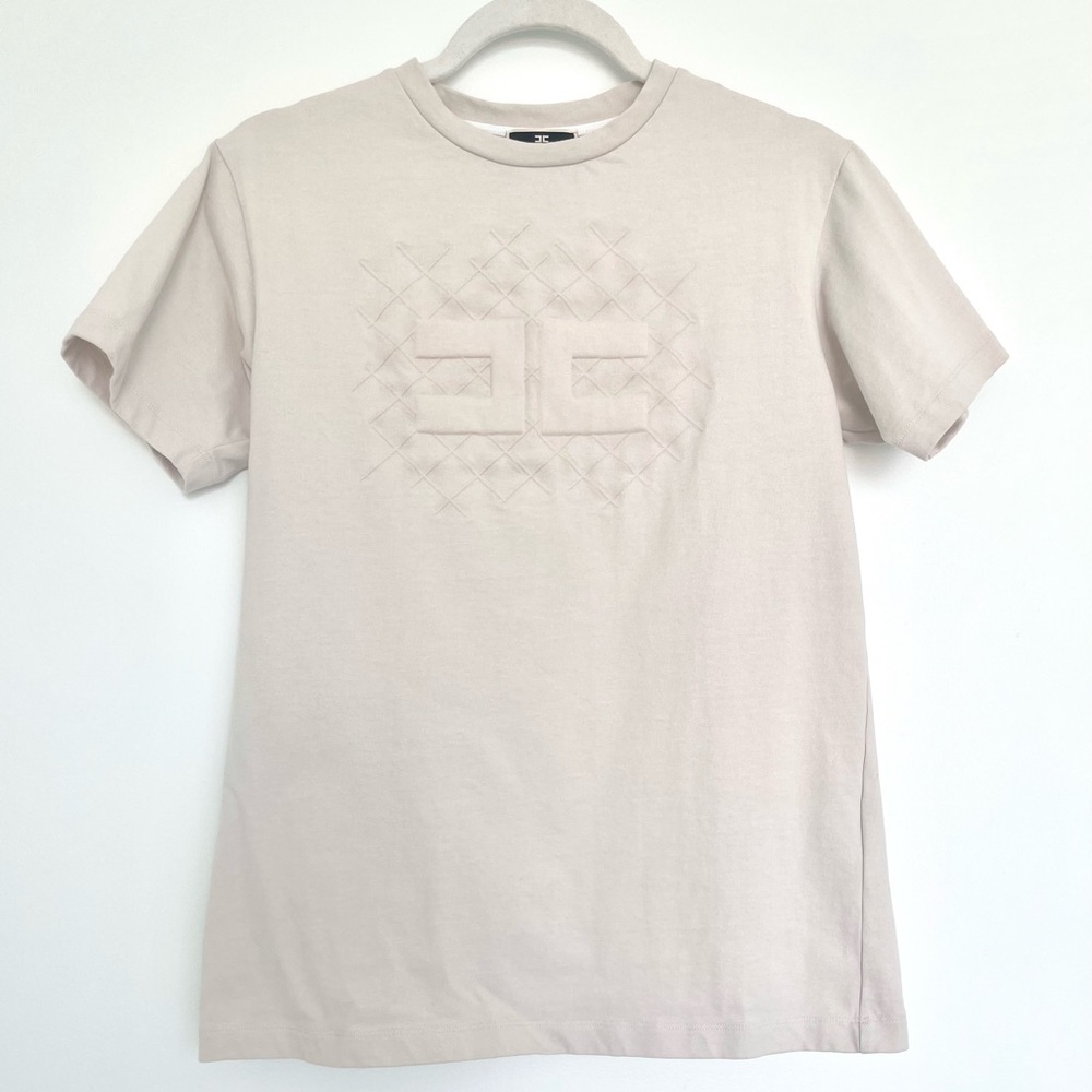 Elisabetta Franchi Crew Neck T-Shirt With Diamond Motif Print in Beige